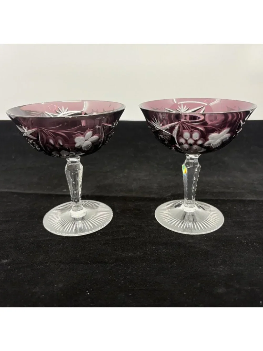 Vintage Ajka Marsala Amethyst Cut to Clear Sherbet Champagne Coupe Set of 2 4.75